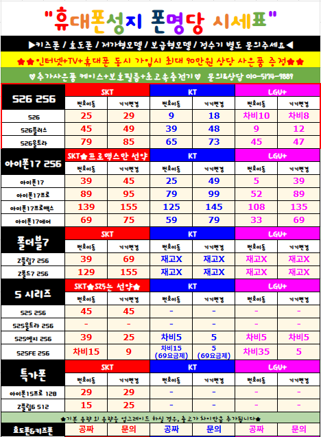 휴대폰 시세표